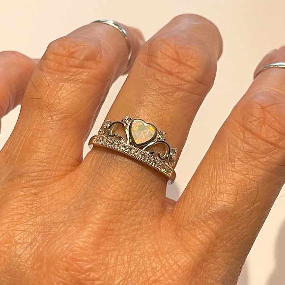 Sterling Silver White Lab Opal Heart with CZ Crown Ring, Silver Hearts Jewelry - Picture 11 of 12